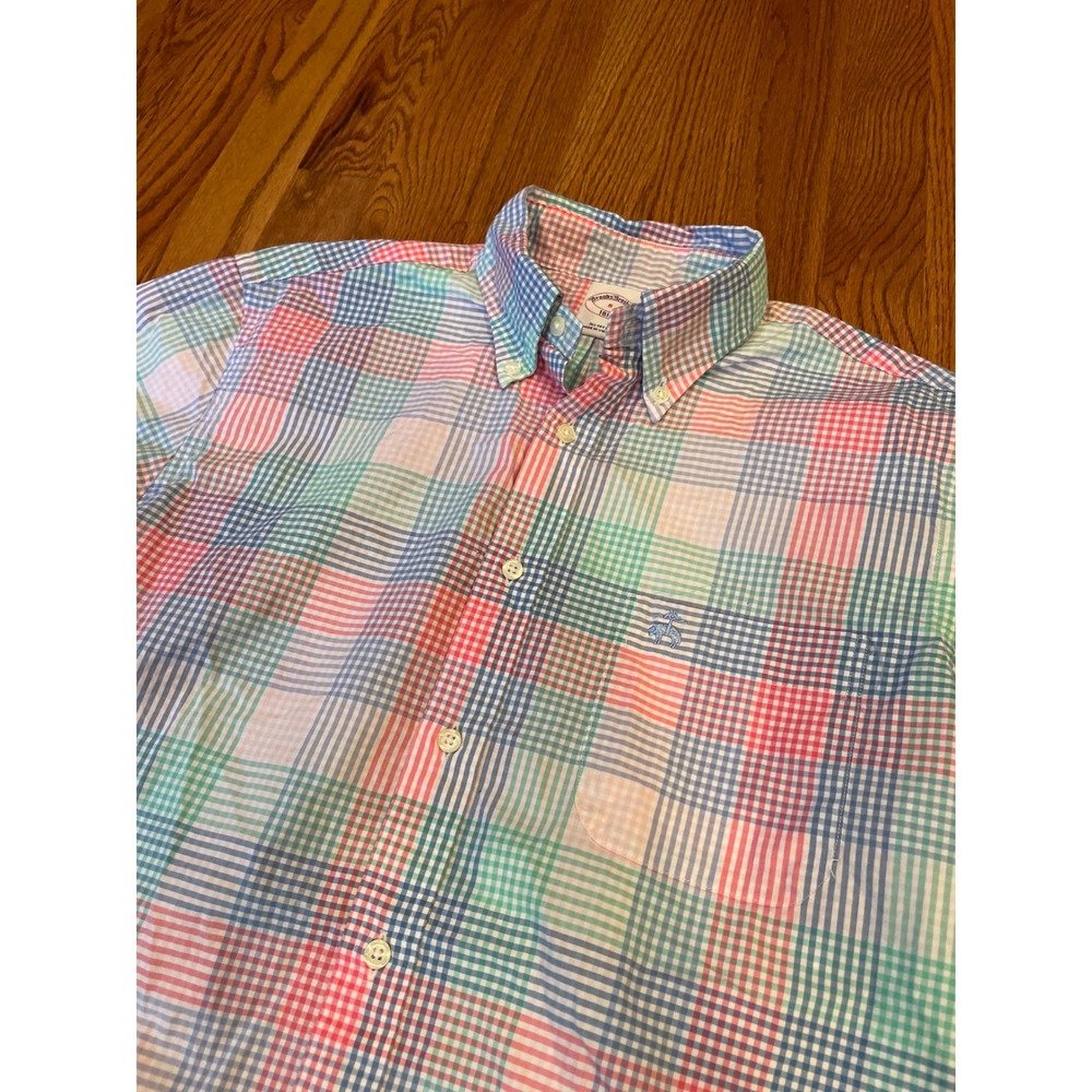 Brooks Brothers Mens Button Down Shirt S Multicolor Plaid Short Sleeve Cotton